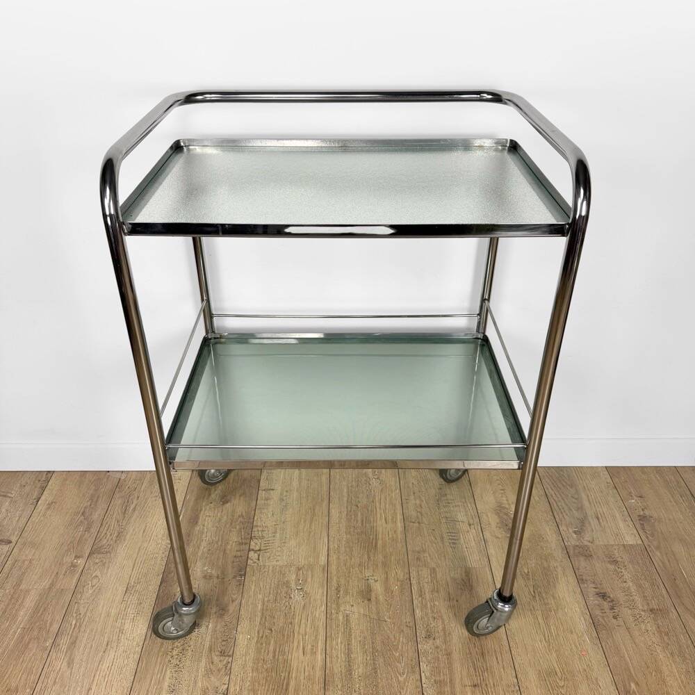 Modernist chrome and vintage frosted glass serving trolley