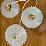 Three-light cascading pendant lamp with vintage white opaline lampshade