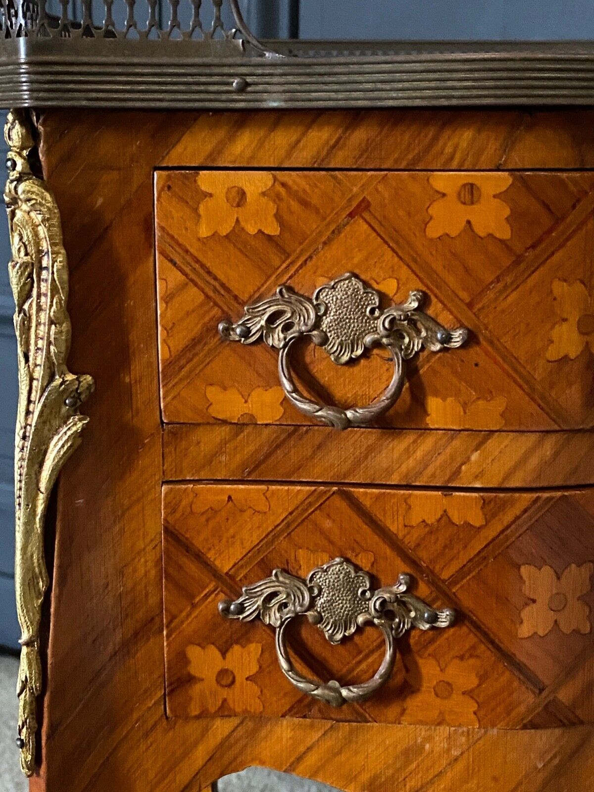 Pair of bedside tables Louis XV style marquetry with shamrocks and XXth bronze