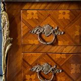 Pair of bedside tables Louis XV style marquetry with shamrocks and XXth bronze