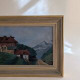 Old painting of a mountain chalet