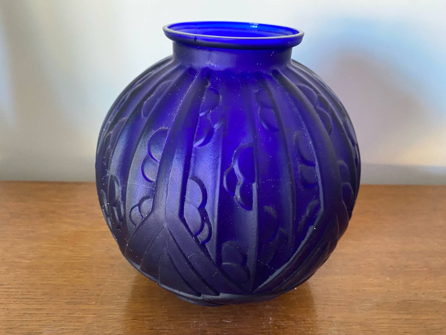 Antique Art Deco Ball Vase Molded Glass Czech Blue Vintage Decoration