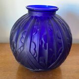 Ancien Vase Boule Art Déco Verre Moulé Bleu Tchèque Décoration Vintage