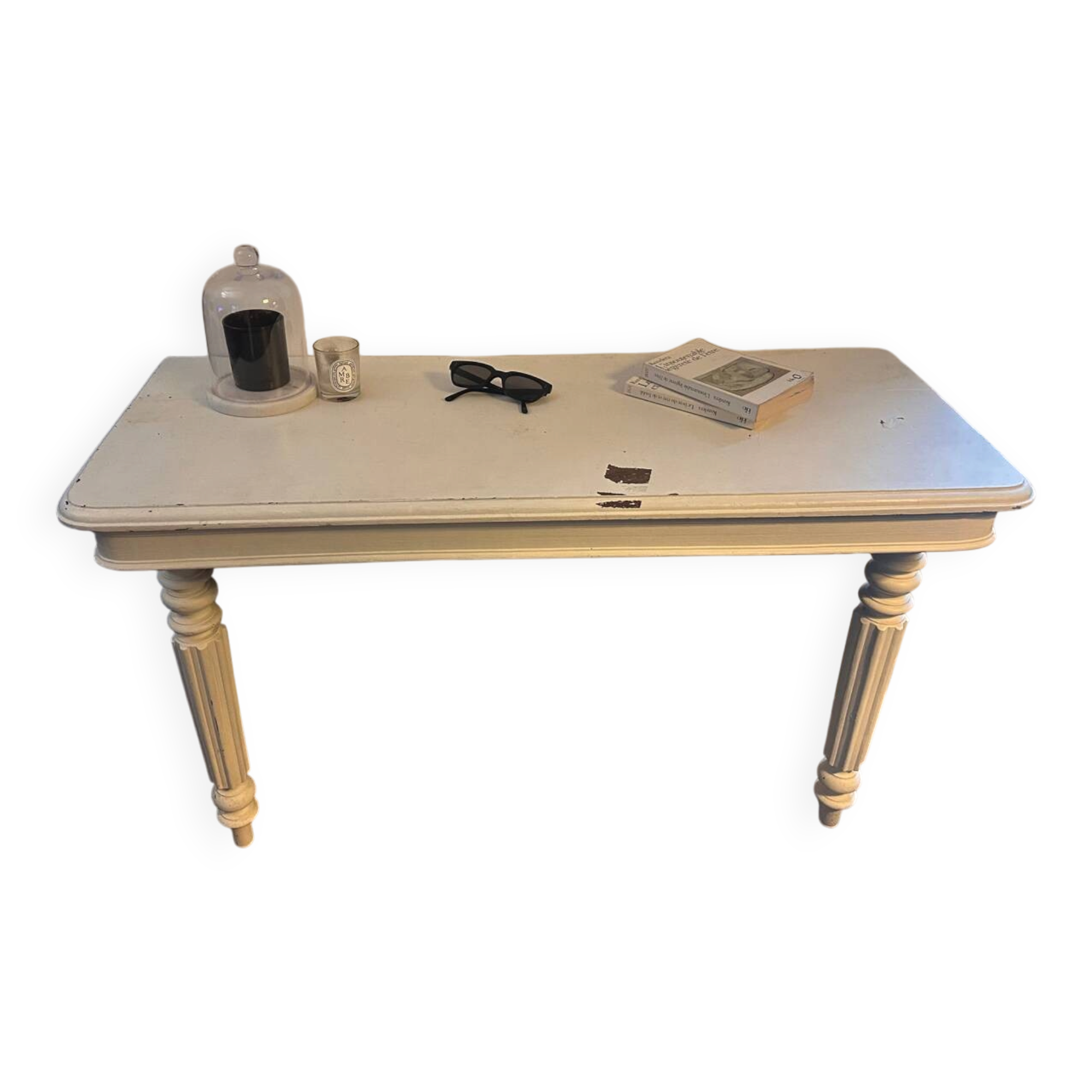 Vintage console in weathered white wood – Chic country style, tapered legs.