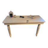 Vintage console in weathered white wood – Chic country style, tapered legs.