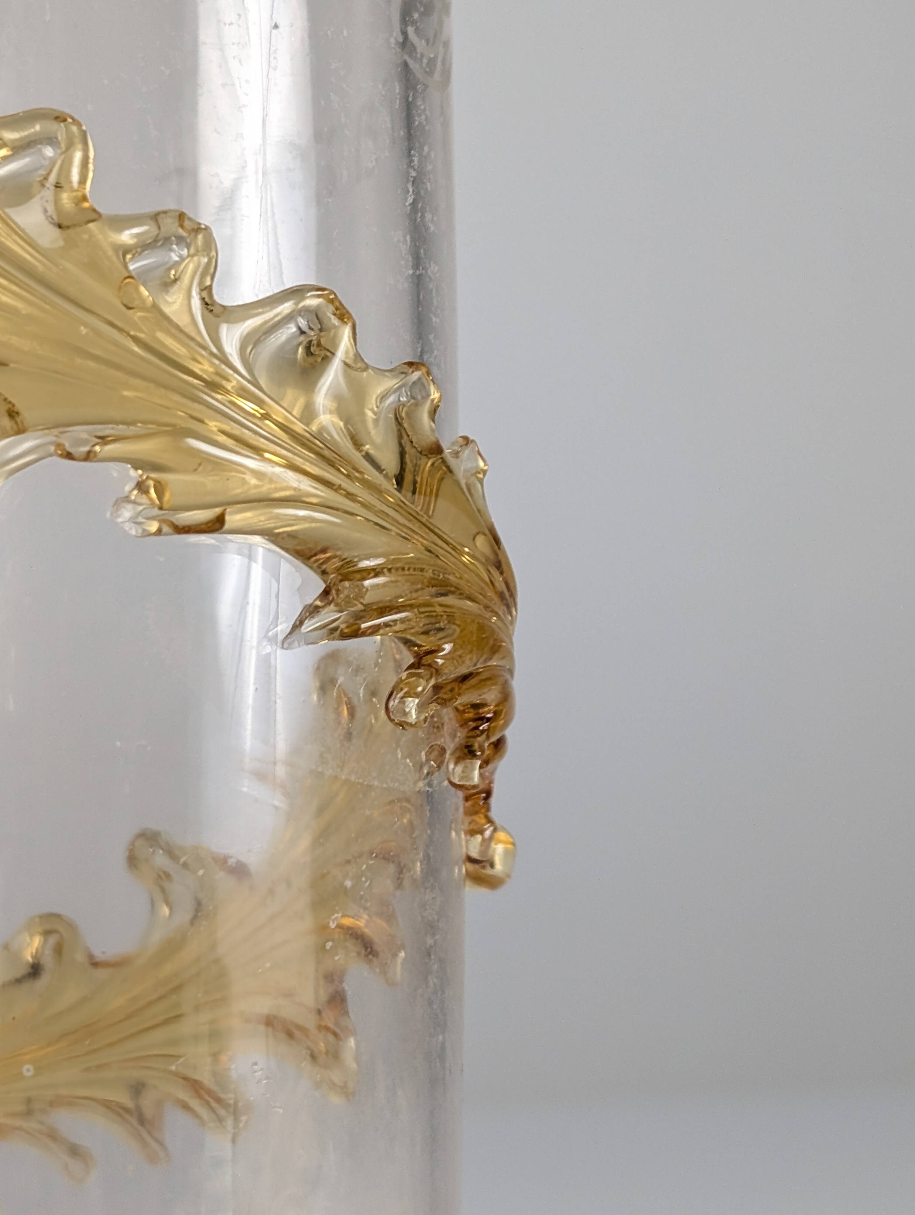 French Art Nouveau Uranium Glass Bottle with Applied Amber Leaves, c. 1900