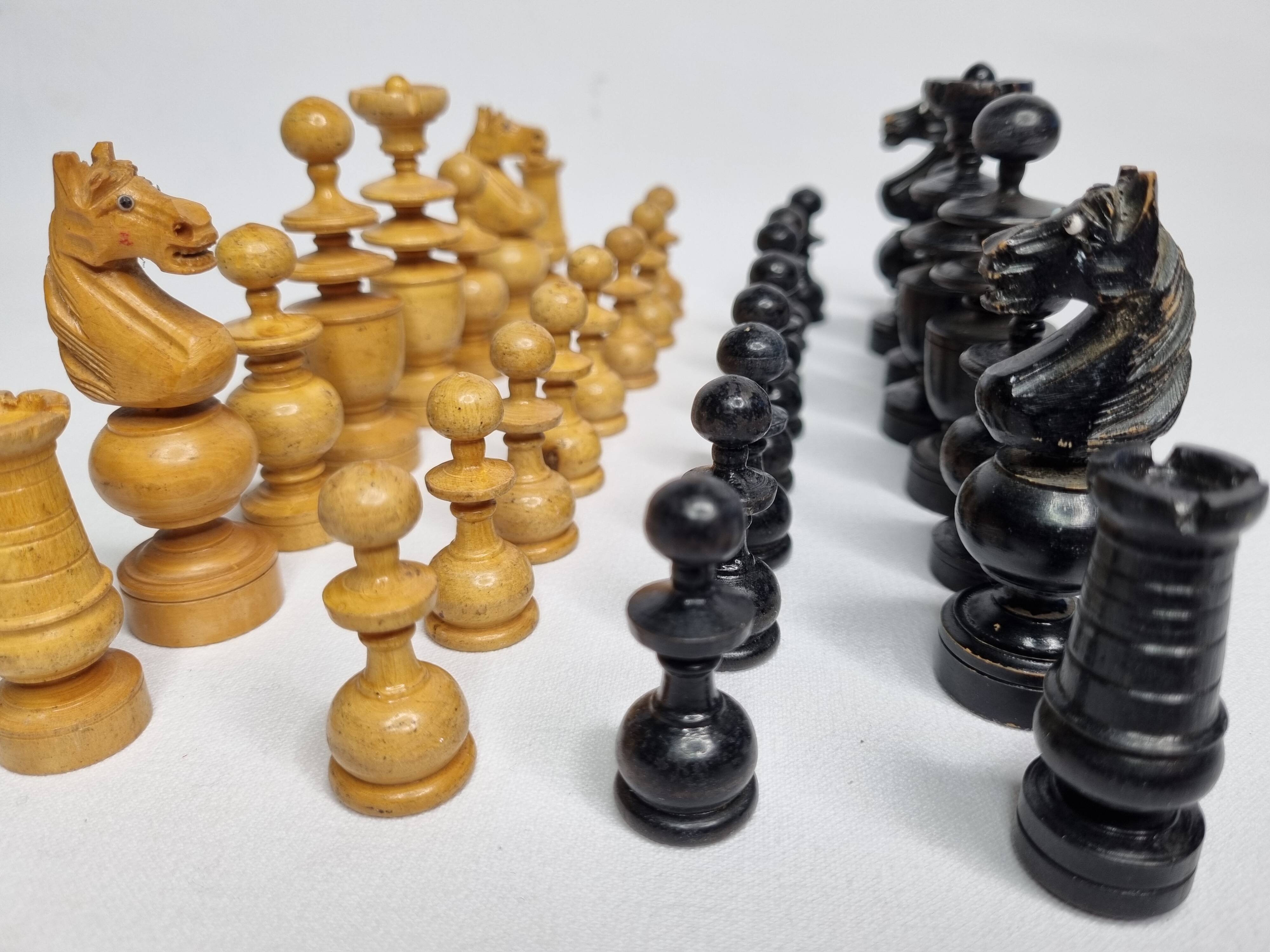 Vintage Hand Carved Wooden Chess Set, 1930s, King Height 8cm