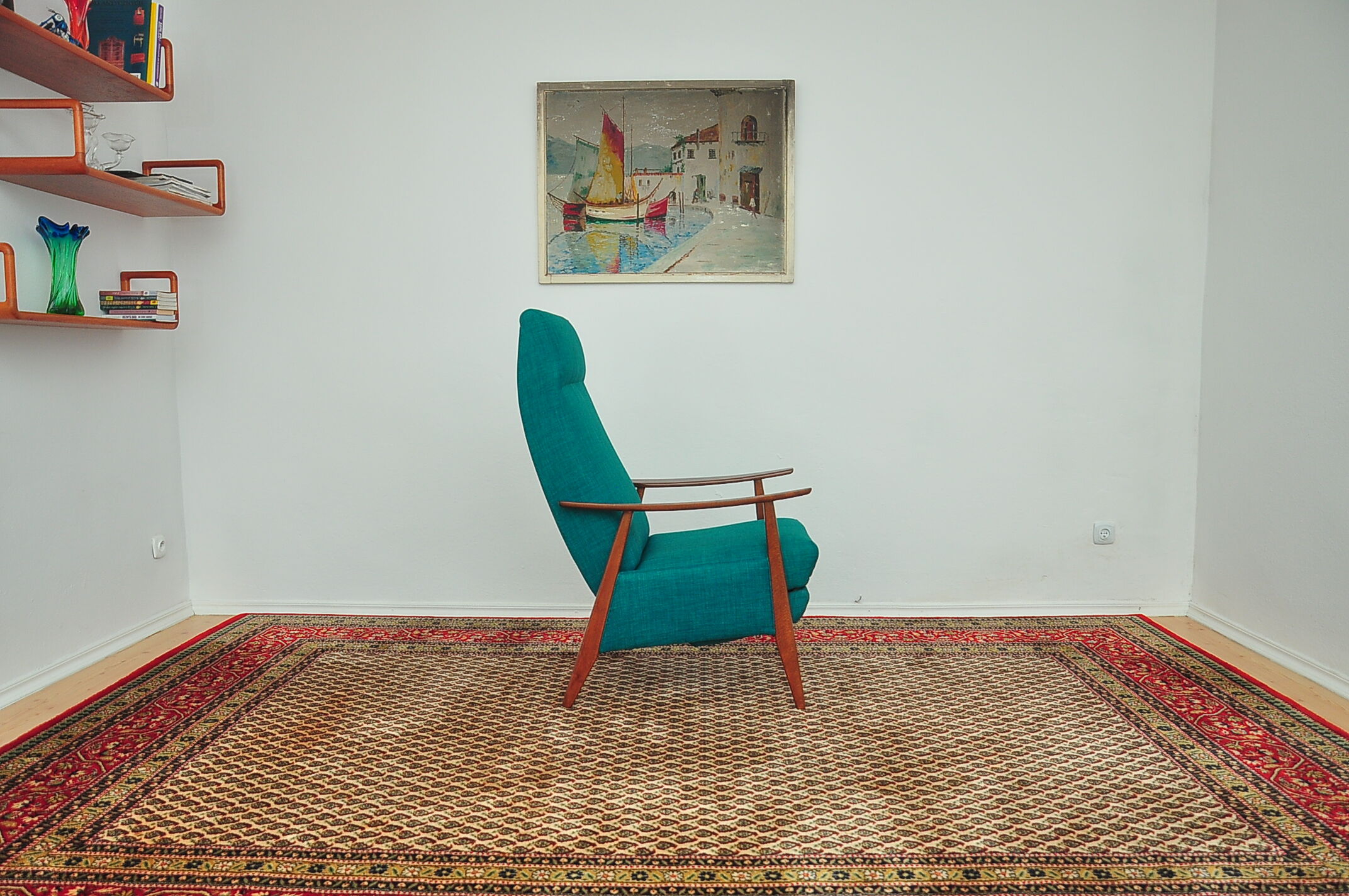 Turquoise armchair with folding footrest, 1960s