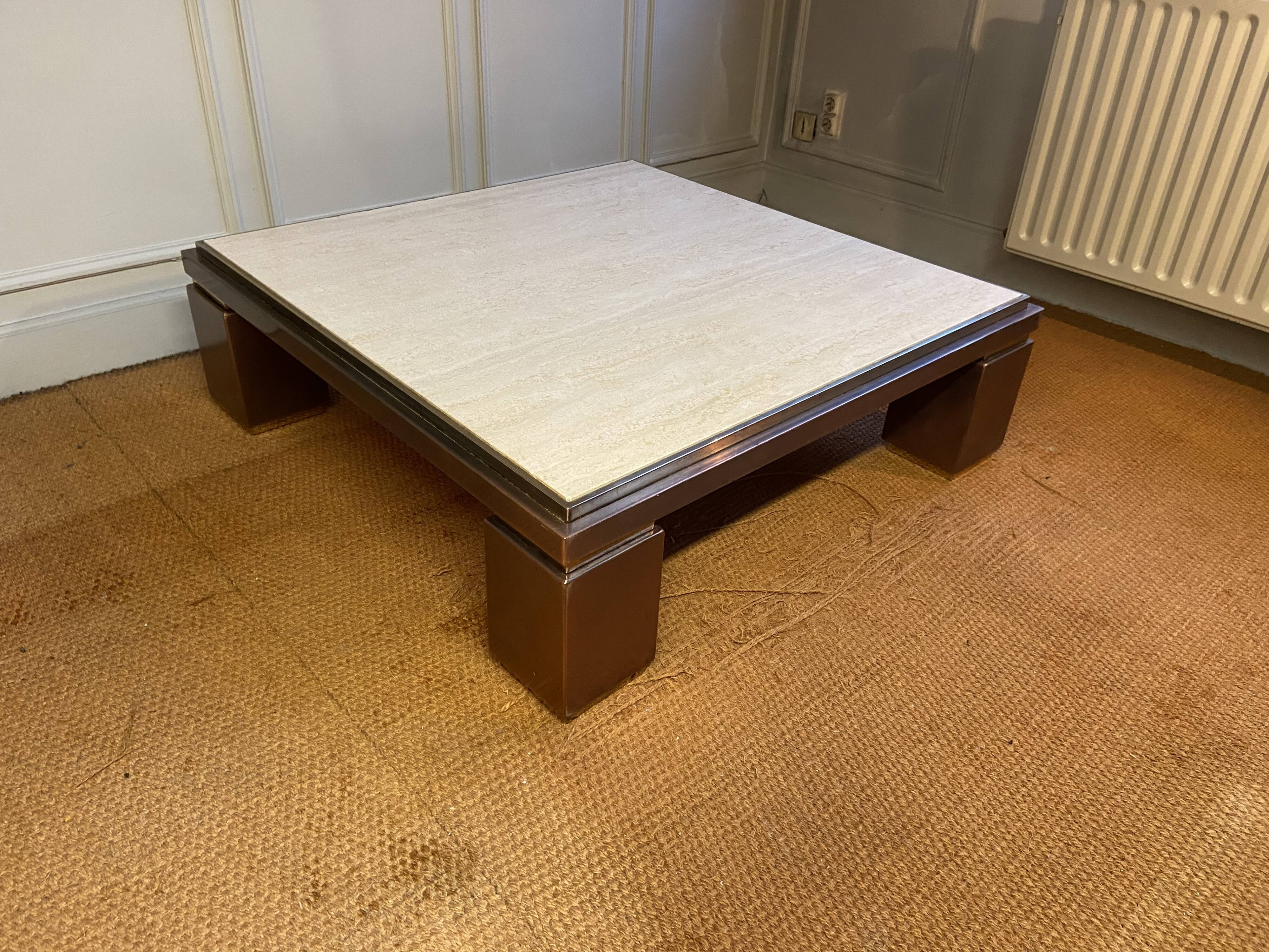 XXL copper, brass and travertine square coffee table, Belgo Chrom