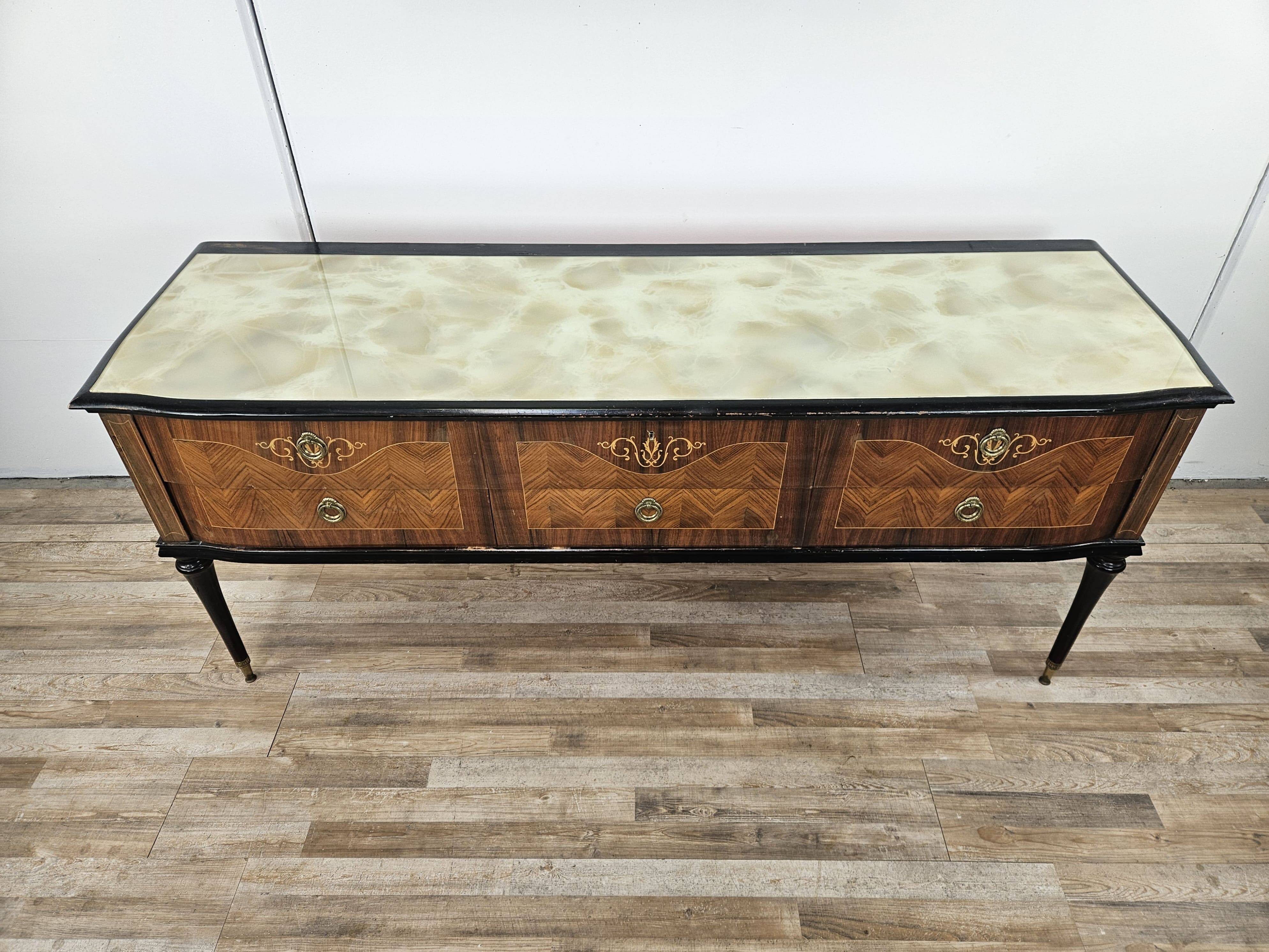 1960s bedroom dresser with six drawers and glass top