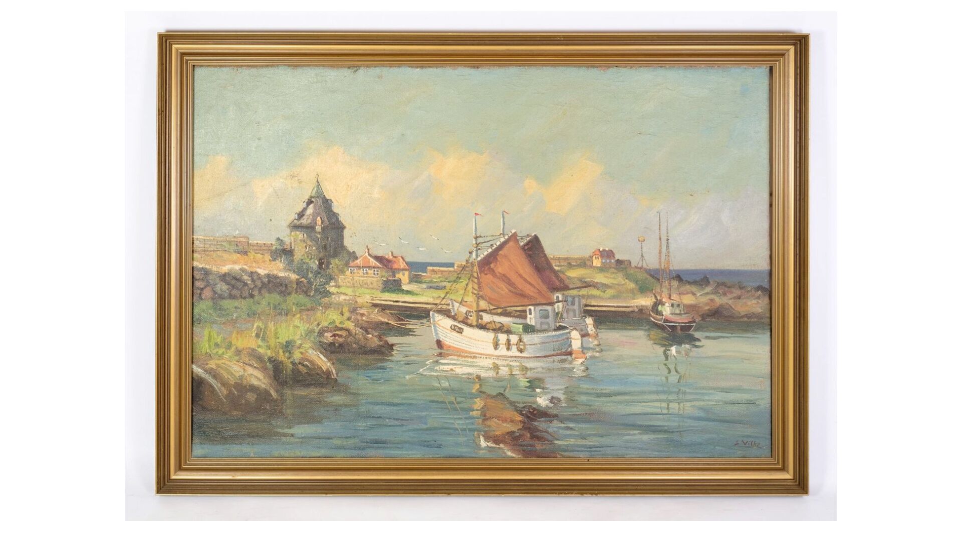 Oil painting on canvas with motif of fishing boats near shore