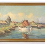 Oil painting on canvas with motif of fishing boats near shore