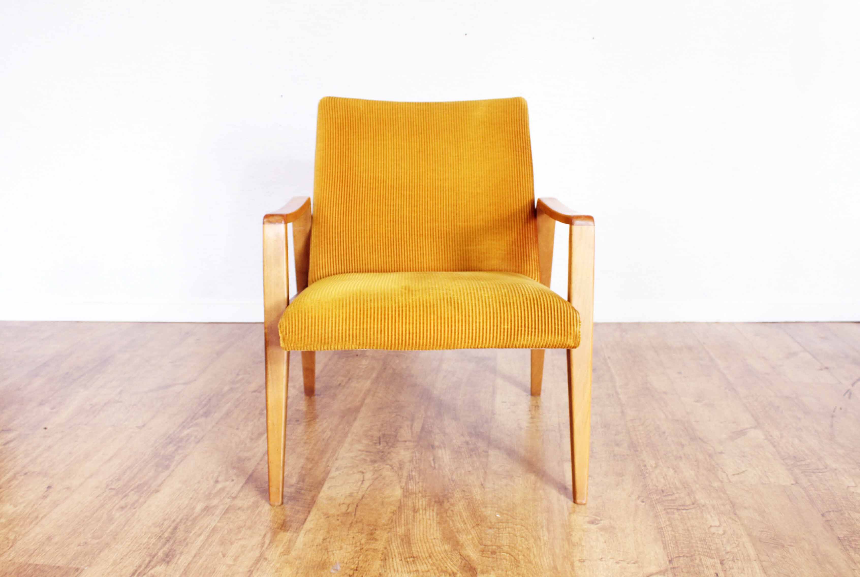 Scandinavian-designed chair in solid beech and mustard velvet