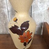 Old etruscan beige ceramic vase decorated with enameled flowers