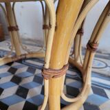 Rattan and leather poufs