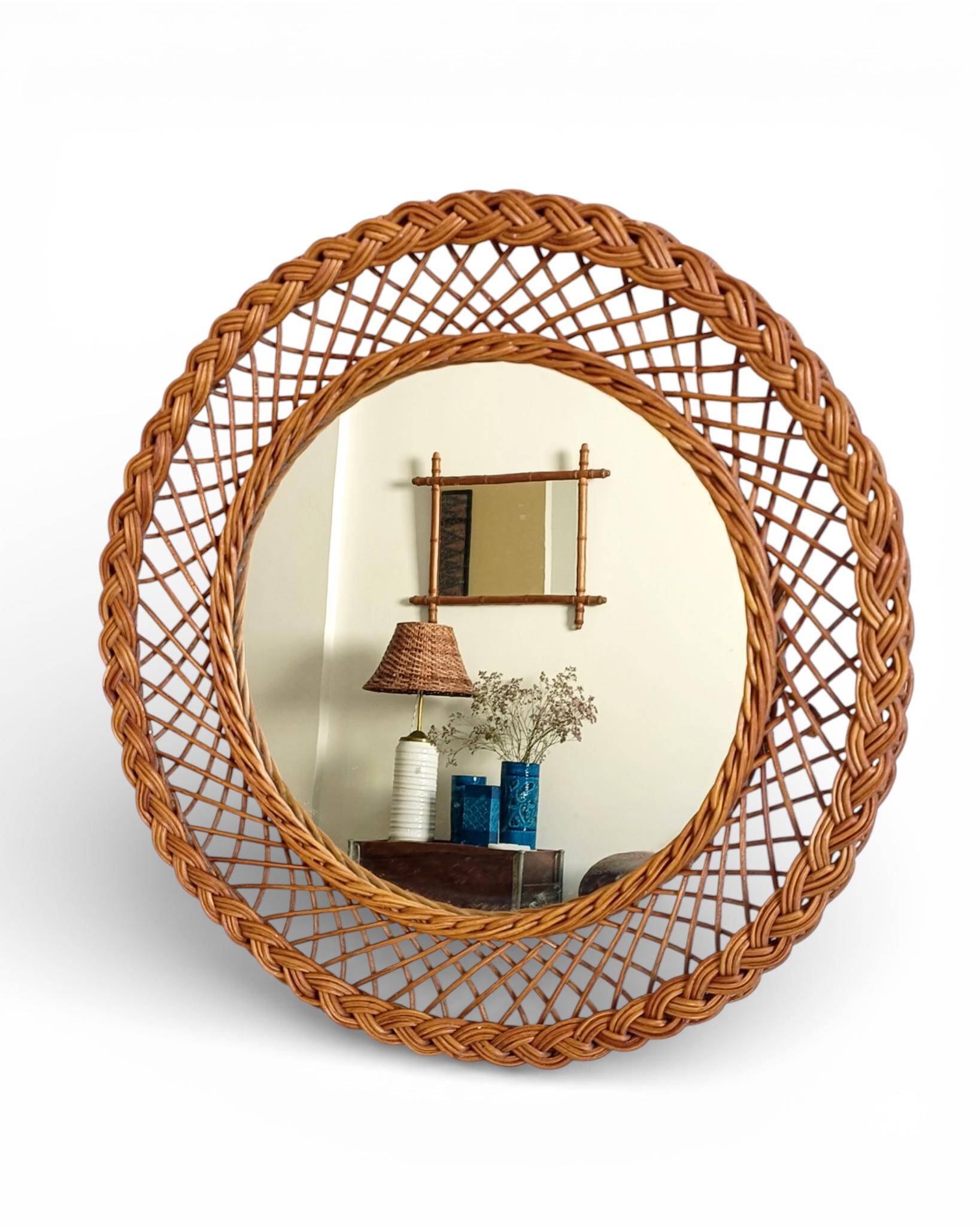 Rustic French Provence Wicker Round Mirror, Organic Modern, Handmade, France