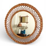 Rustic French Provence Wicker Round Mirror, Organic Modern, Handmade, France