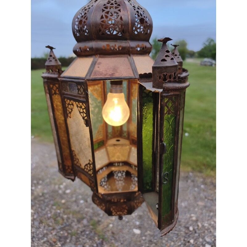 North African lantern suspension in brass and coloured glass.