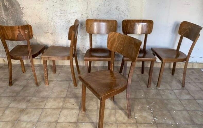 6 old lounge chairs bistro curved wood