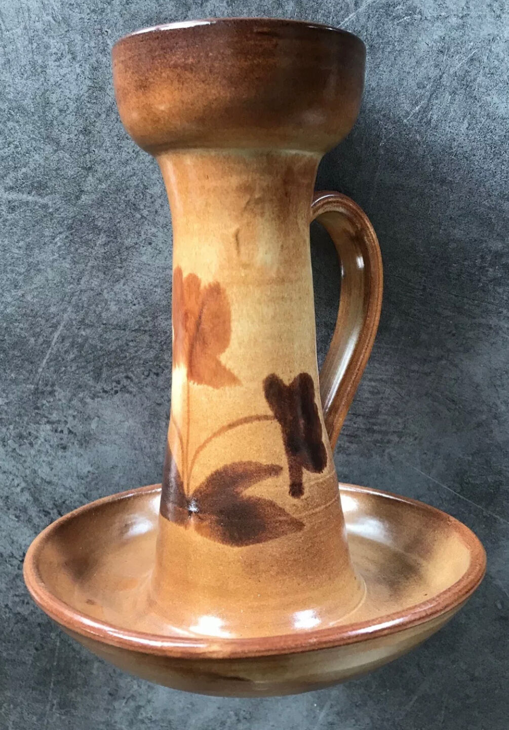 Vintage candle holder in glazed terracotta floral paint decoration