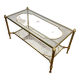 Rare bronze, brass, and steel mesh coffee table with a double glass top resting on a brass mesh. French work by Jansen