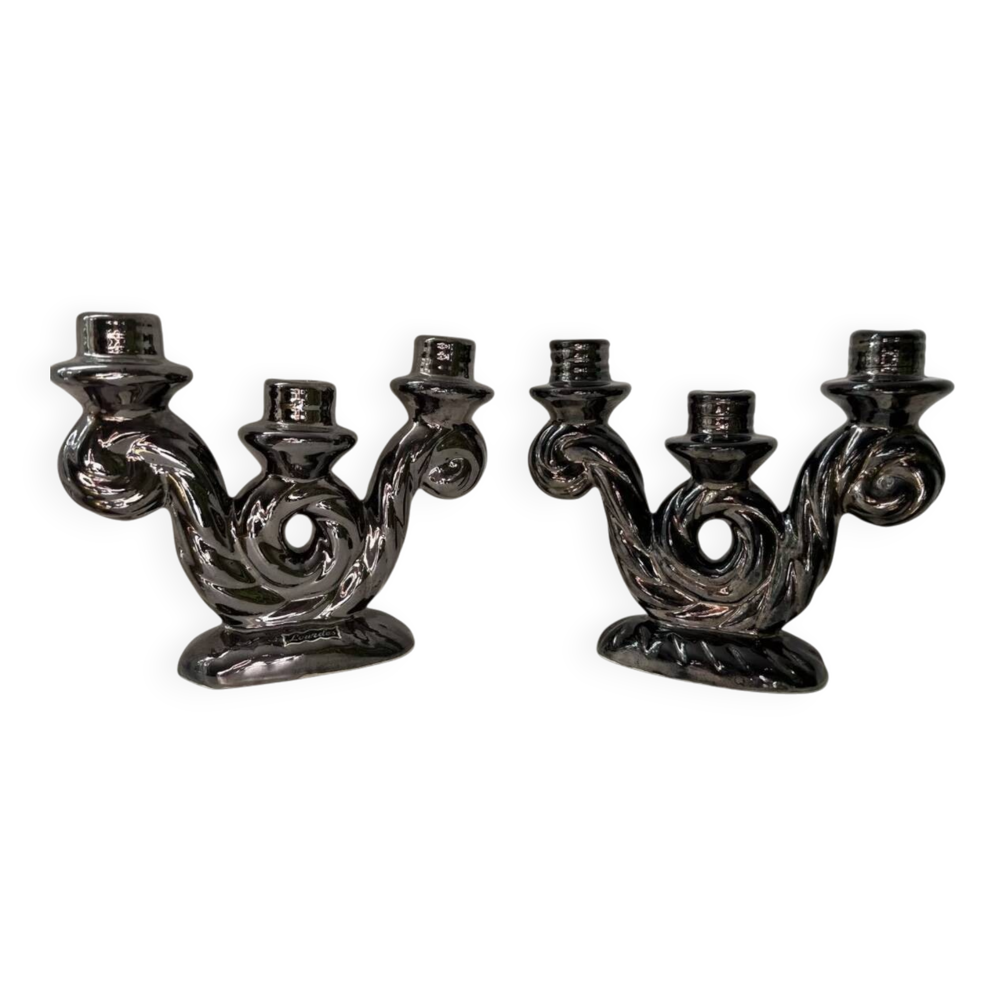 Pair of vintage iridescent black candlesticks, Vallauris style