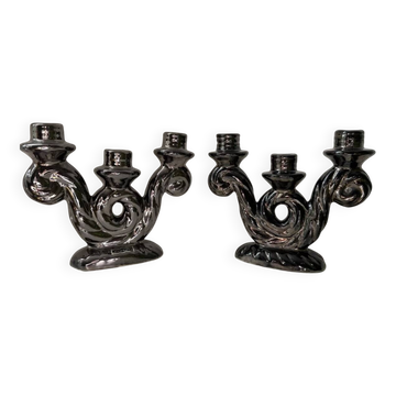 Paire de bougeoirs noirs vintage irisés style Vallauris