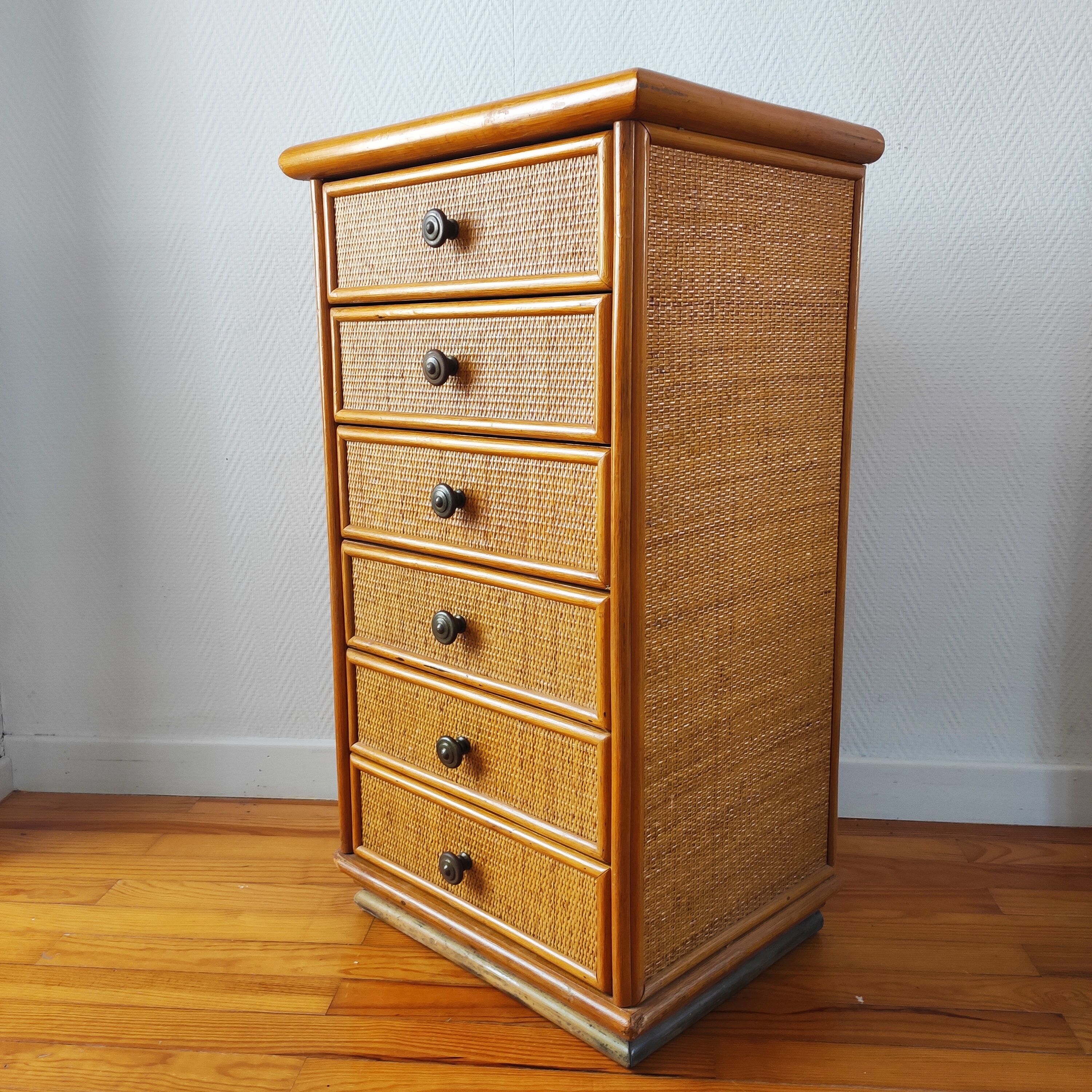 Vintage rattan rag chest of drawers