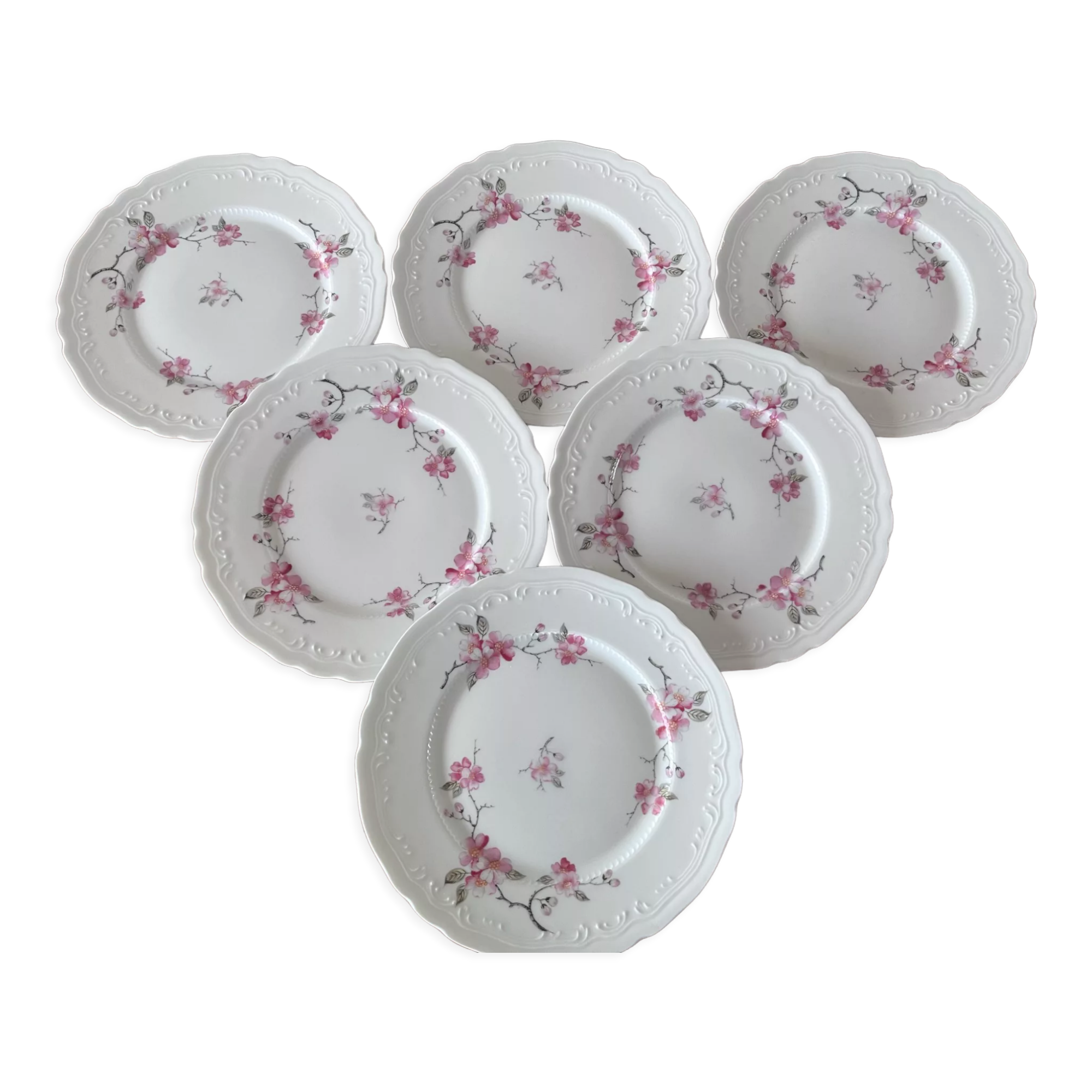 6 Limoges porcelain dessert plates - cherry blossoms -