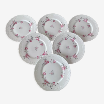 6 assiettes à dessert en porcelaine de Limoges - fleurs de cerisiers -