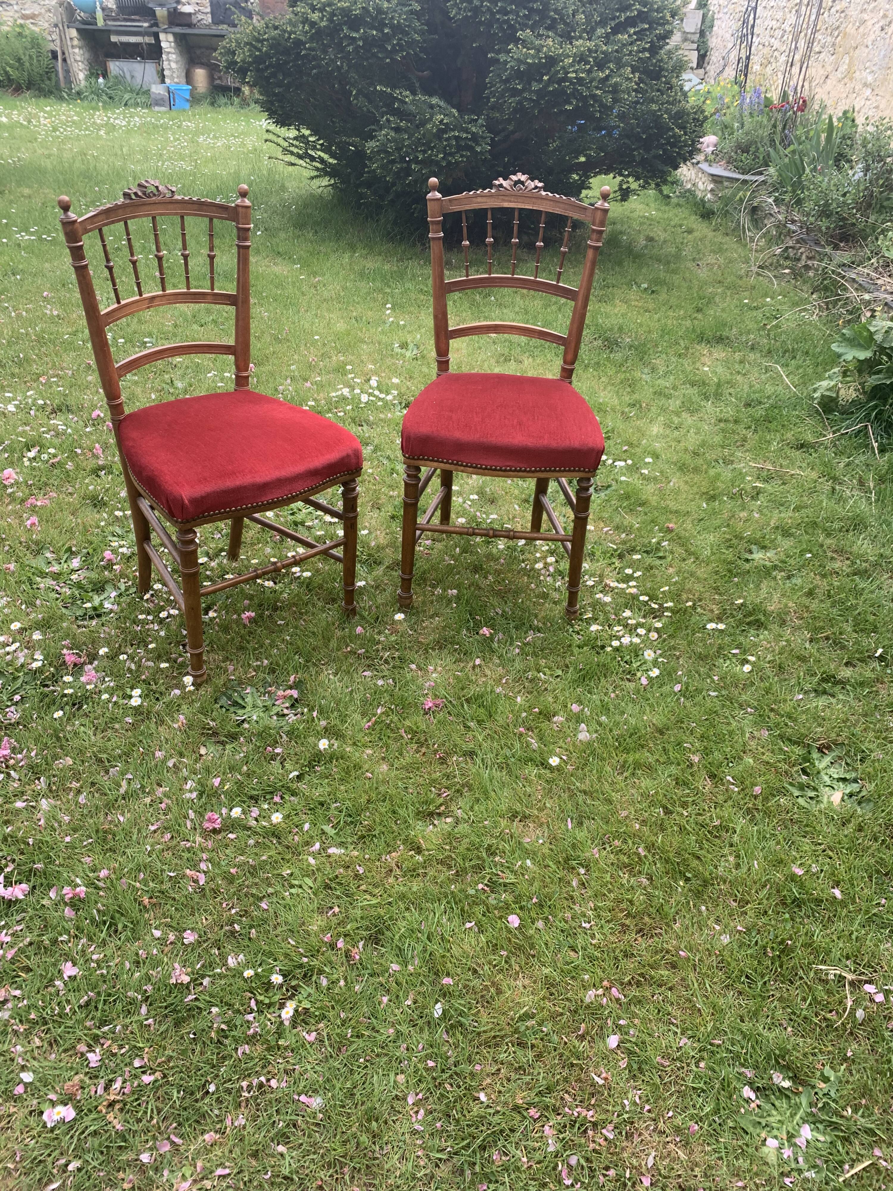 Pair of Napoleon III chairs in wood and red velvet