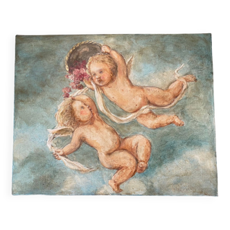 Cherubins anges joueurs peinture huile sur toile signée piervent