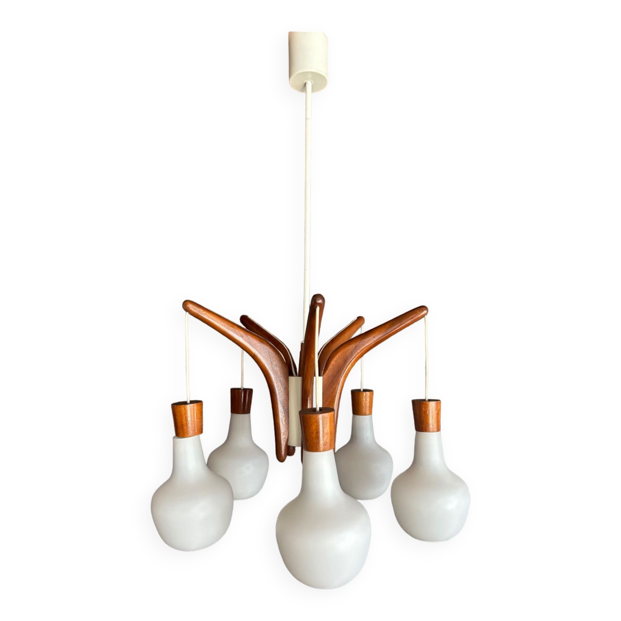 Vintage teak and opaline chandelier