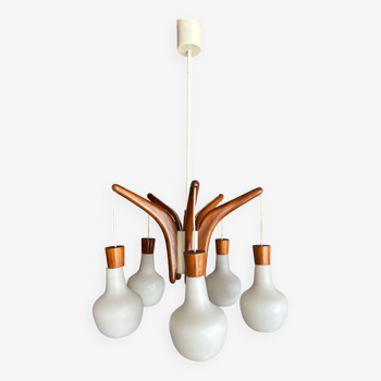 Vintage teak and opaline chandelier