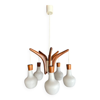 Vintage teak and opaline chandelier