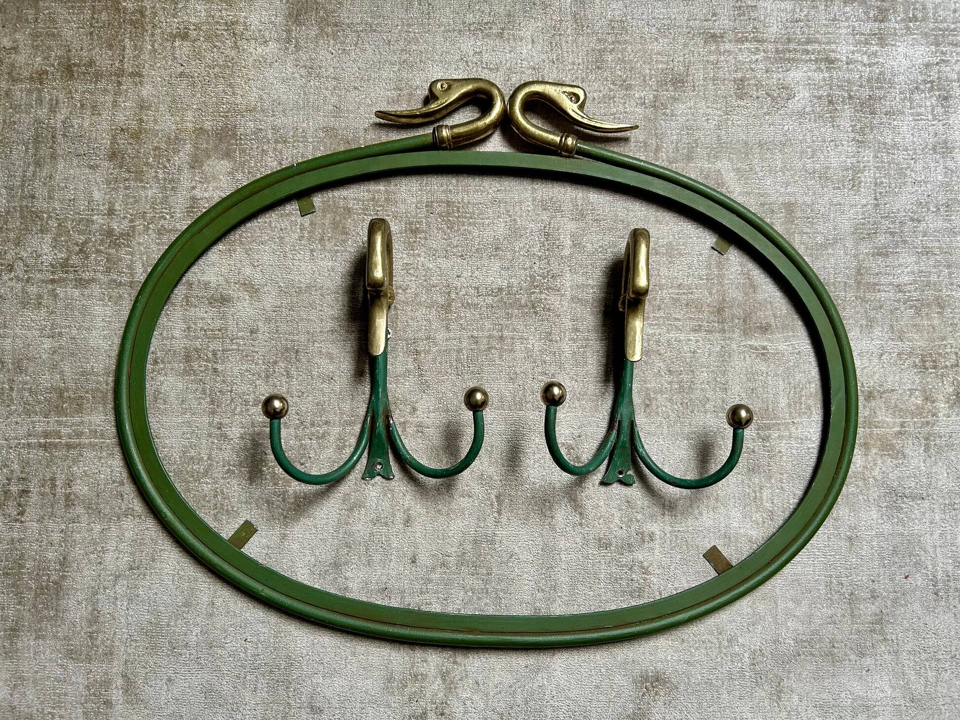 Rare set of swan neck coat hooks with mirror frame attributed to Maison Jansen, France, 1950s.