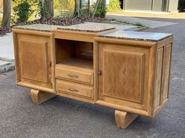 Buffet enfilade art déco rénovée en chêne massif brut et marbre gris 200cm
