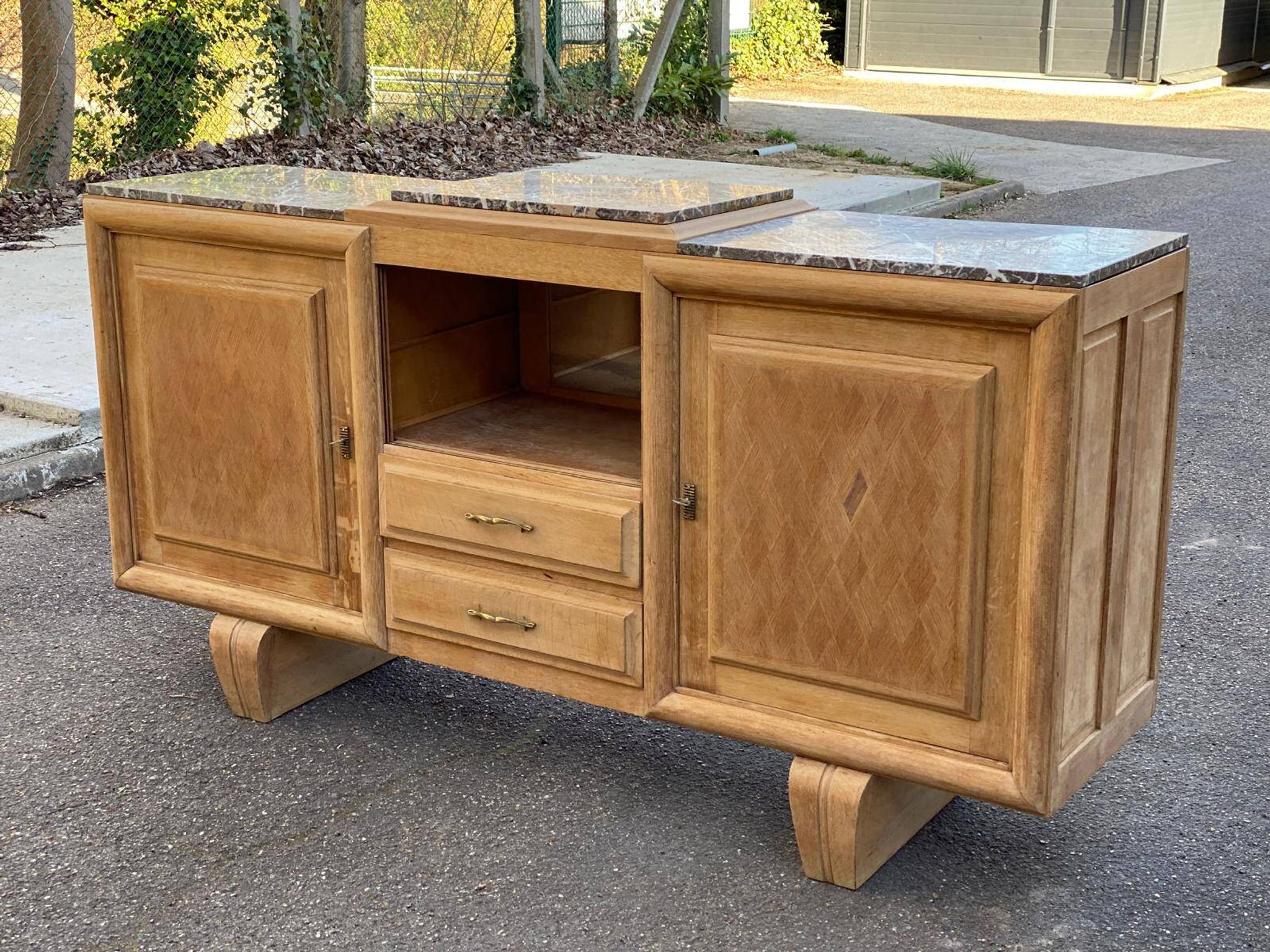 Renovated art deco sideboard in raw solid oak and gray marble 200cm