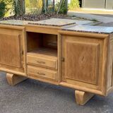 Buffet enfilade art déco rénovée en chêne massif brut et marbre gris 200cm