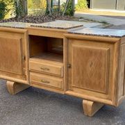 Renovated art deco sideboard in raw solid oak and gray marble 200cm