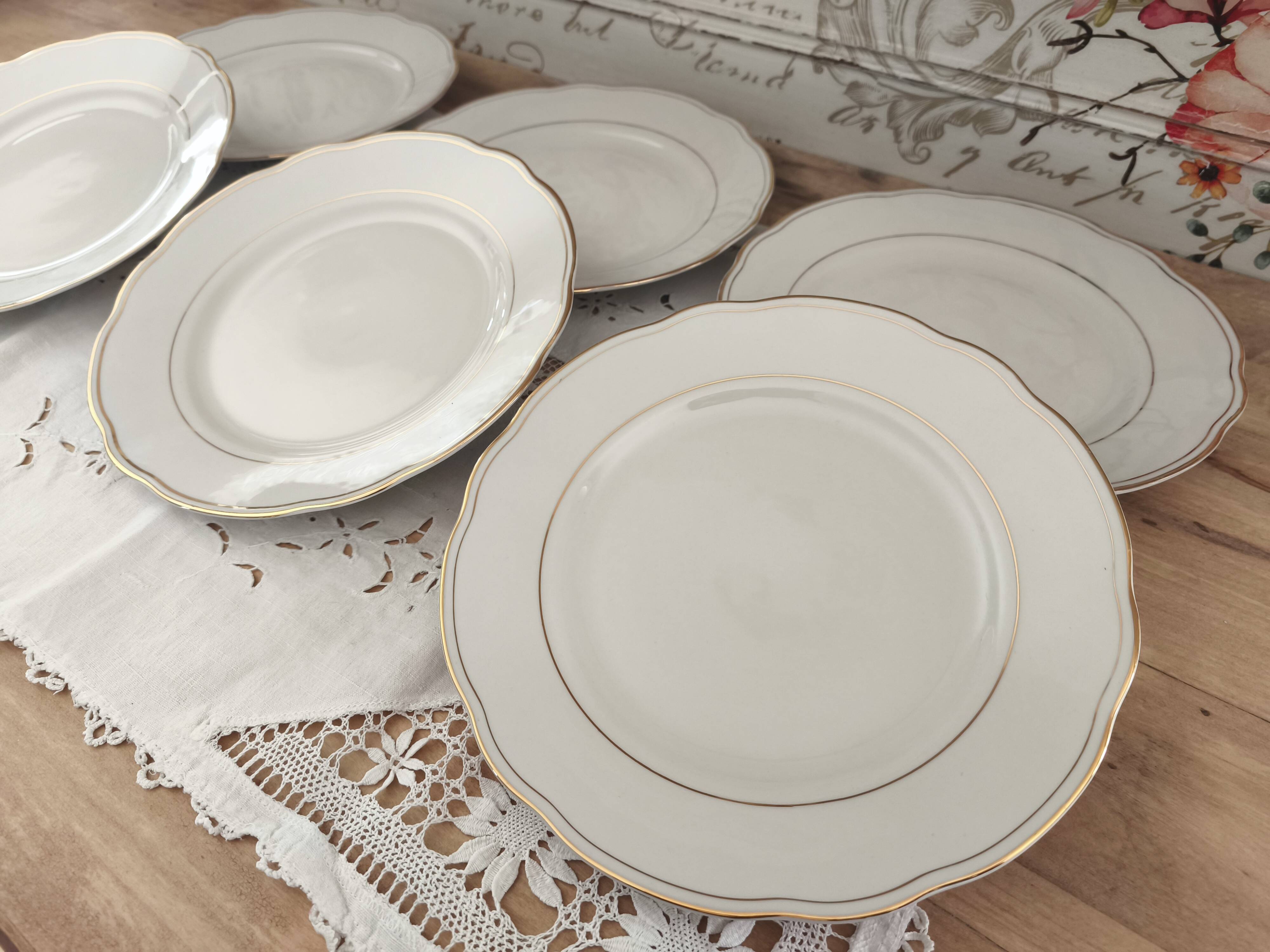 Set of 6 small white porcelain dinner plates with gold trim