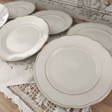 Set of 6 small white porcelain dinner plates with gold trim