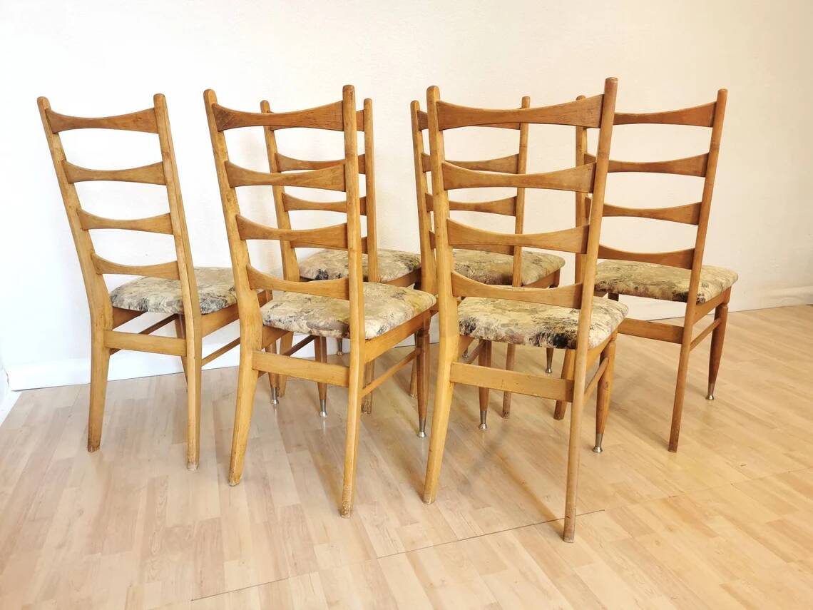 Set of 6 Vintage Wooden Dining Chairs: 1970s Mid-Century Bistro Style