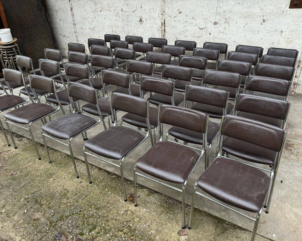 Series of 42 civic chairs year 1970 stackable chrome and skai