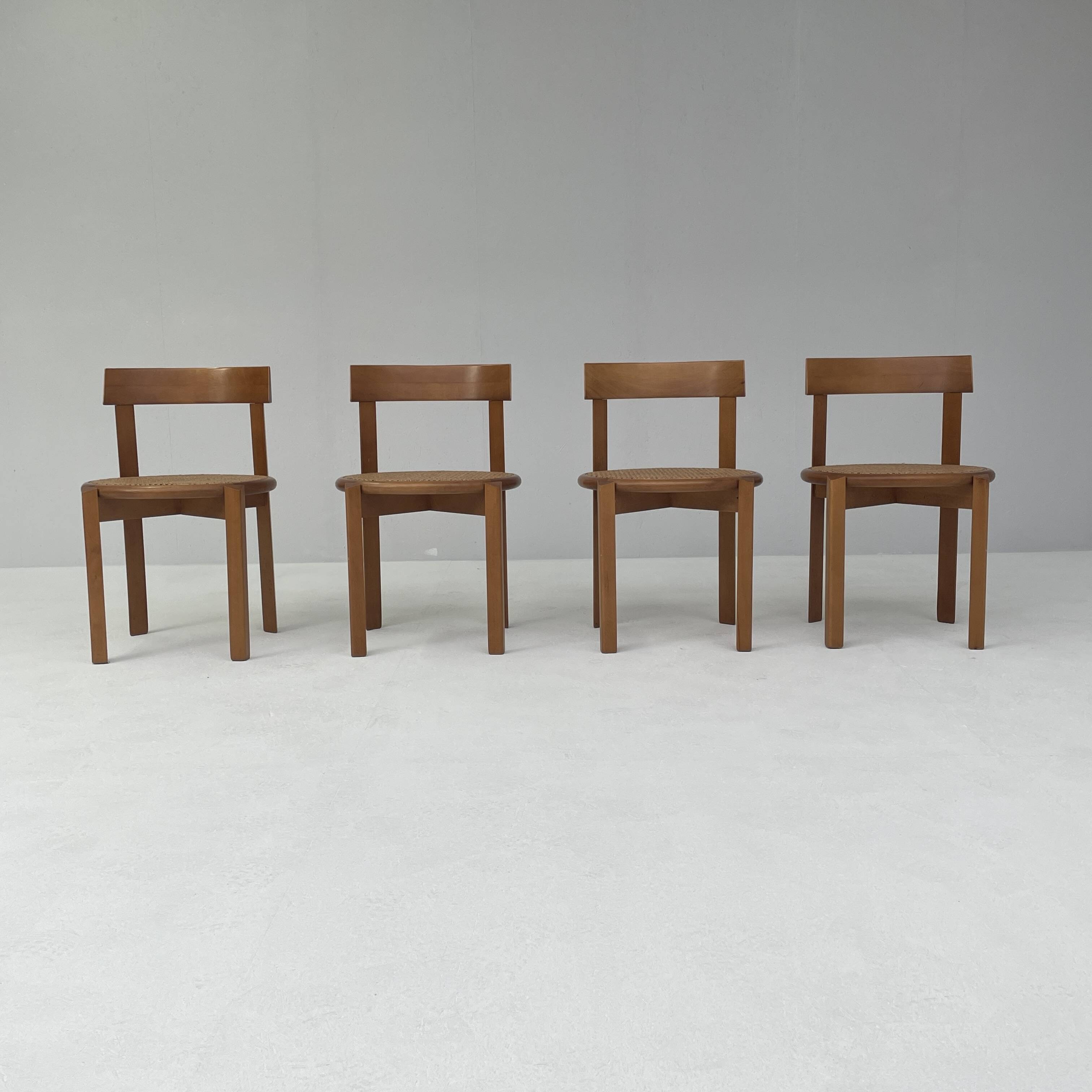 4 Italian wooden dining chairs with rattan seating