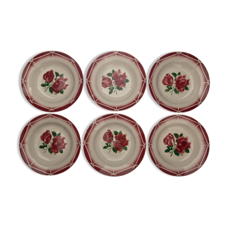 6 Hollow plates Cibon old earthenware of Sarreguemines pink flowers