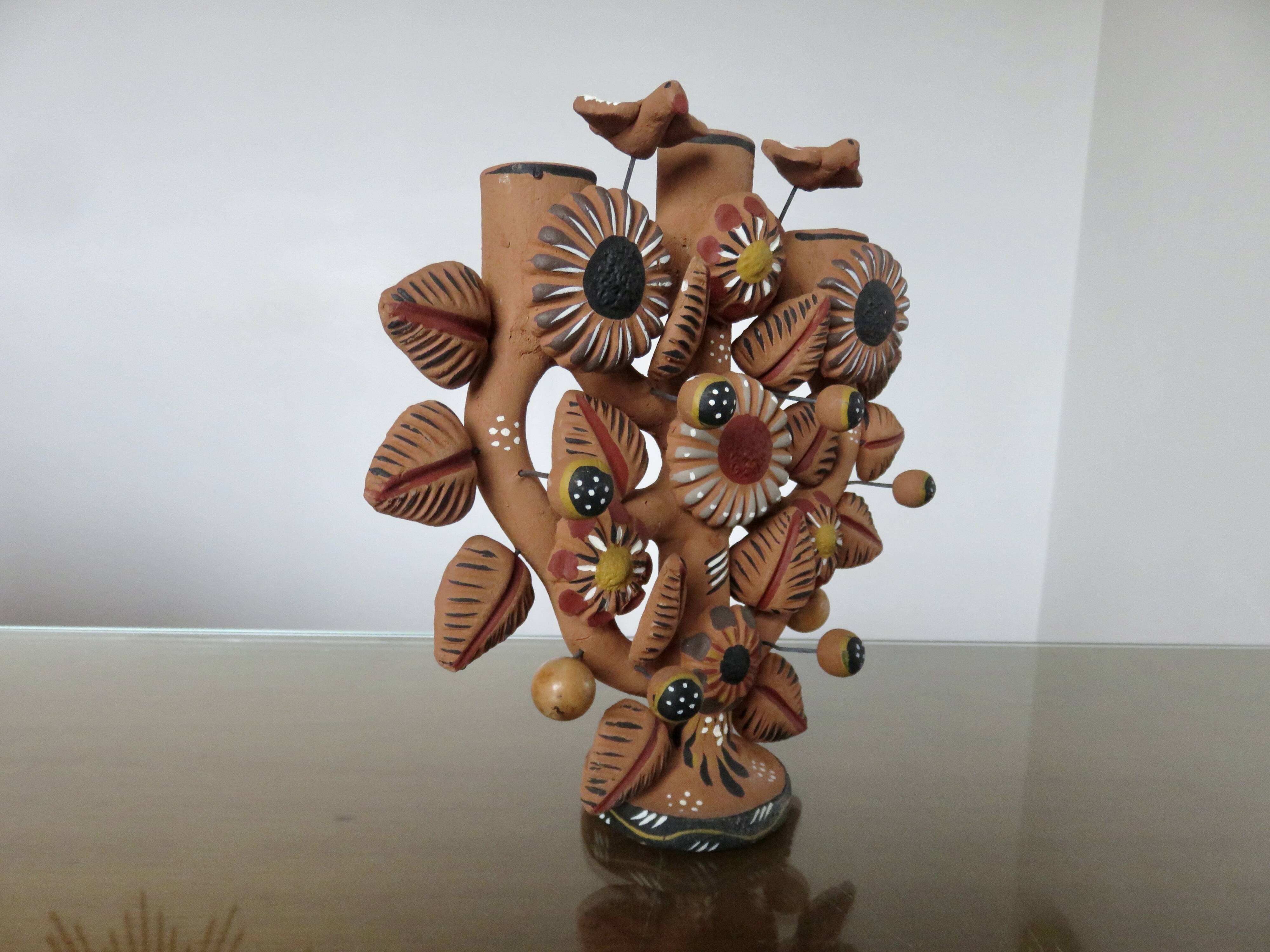 Chandelier, Mexican candlestick "tree of life" terracotta, 1970