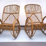 Franco Albini style, pair of rattan and bamboo rocking chairs. Italy 1950s