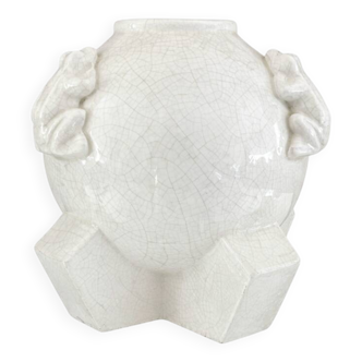 Sculptural vase in white glazed ceramic with a crackled decoration