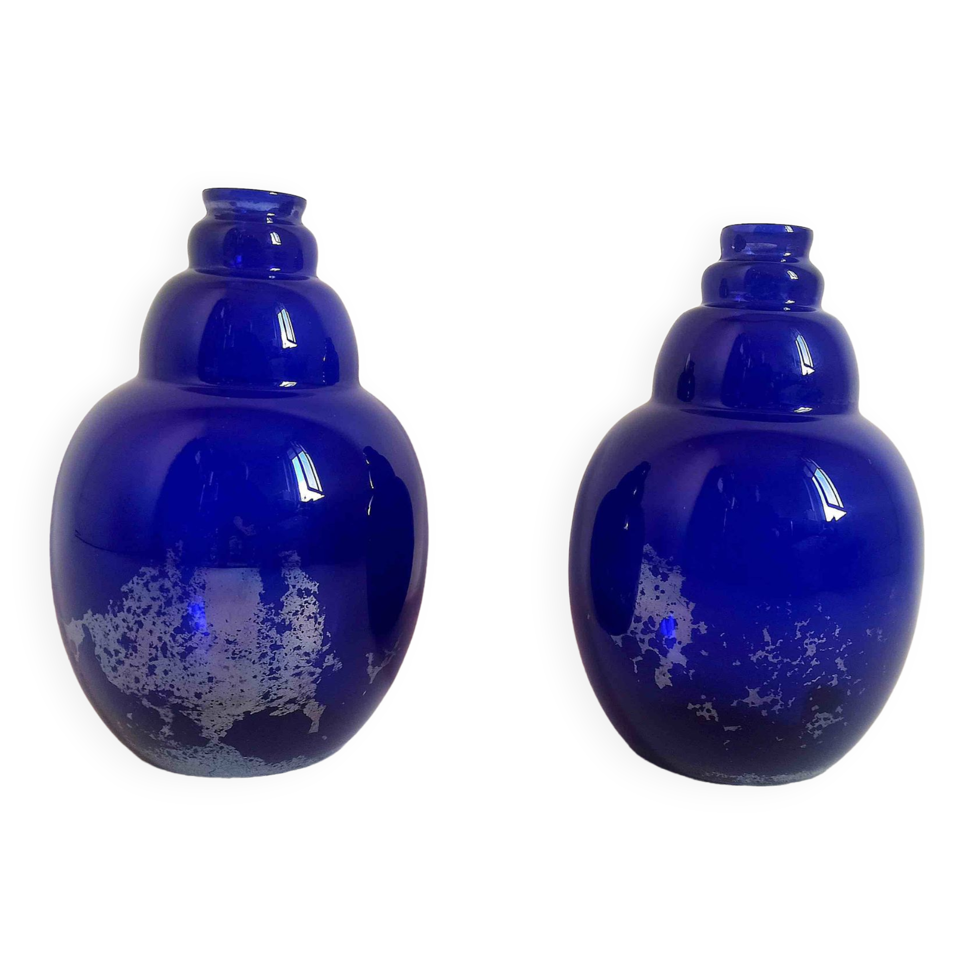 Pair of colbat blue art deco vase with silver leaf inclusions height 24 cm